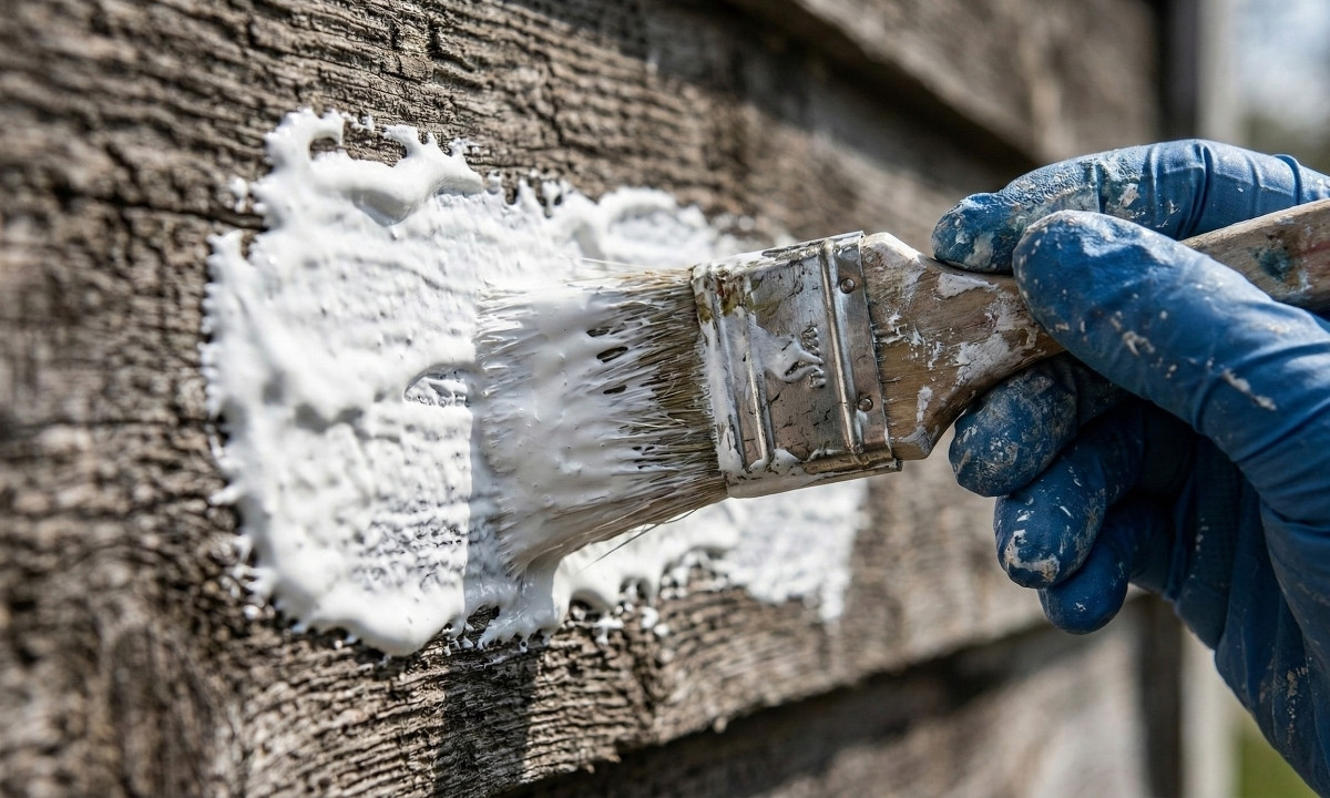 Close-up detail shot of an expert local painter applying a thick layer of flexible elastomeric coating, designed to stretch and contract, to protect wood siding from harsh weather.