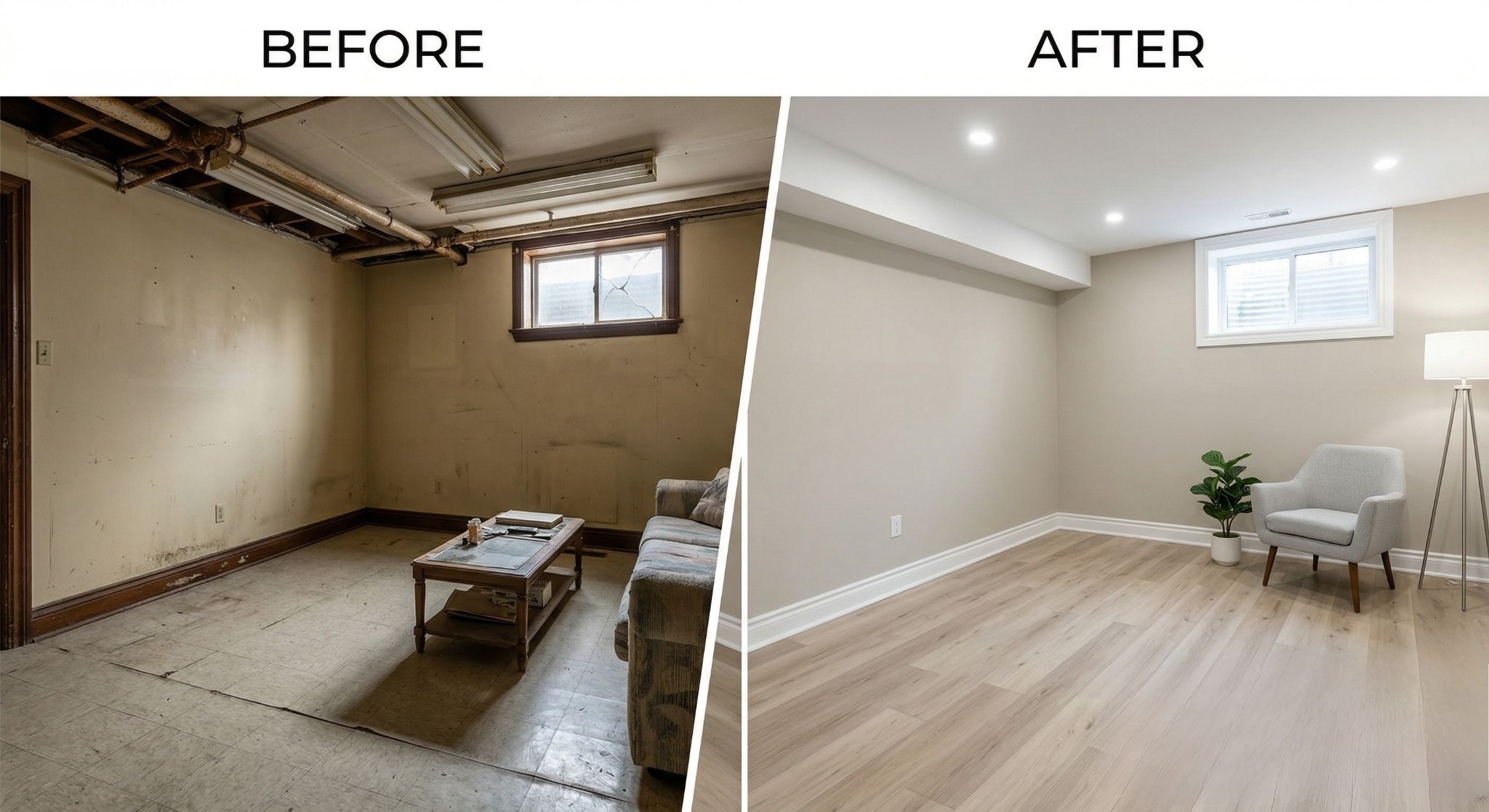 Before and after basement apartment painting in Barrie ON — rental unit transformation by Caleb's Creations