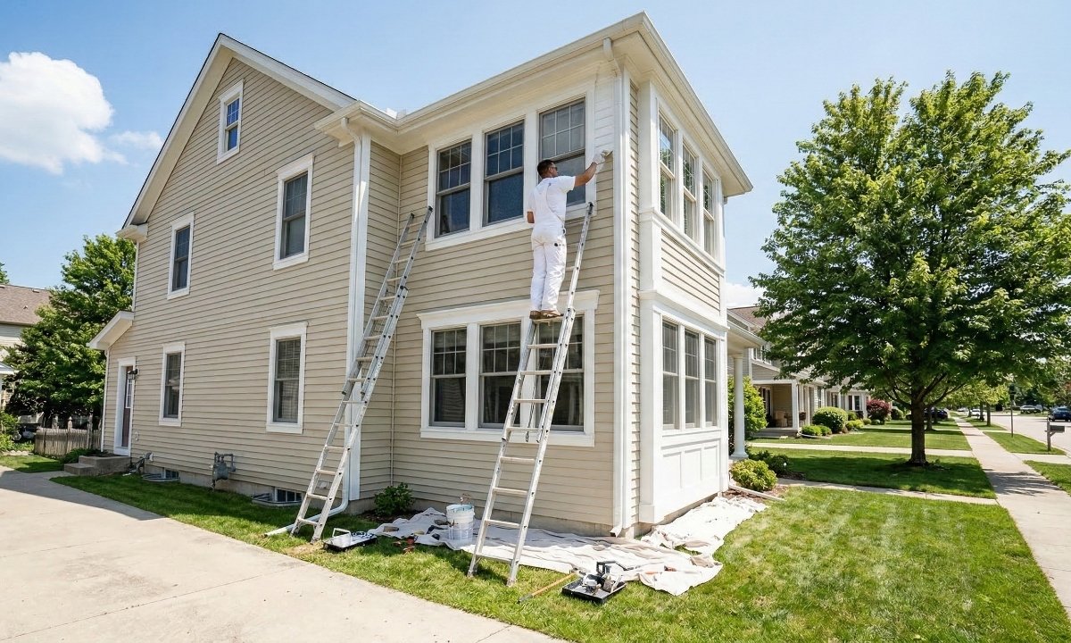 A professional exterior painter standing safely on a ladder while painting the upper story siding and window trim of a residential home.