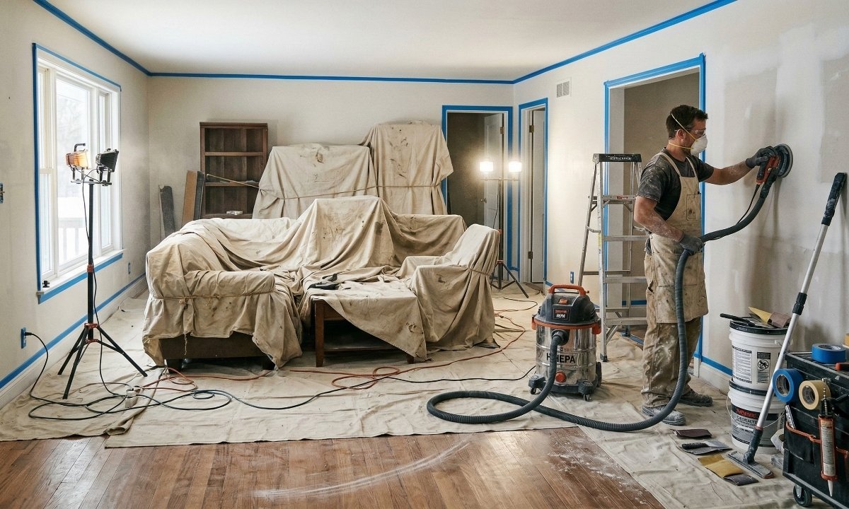 A meticulous interior painting preparation scene in a residential living room, showing canvas drop cloths, drywall sanding with a dust mask, and precision masking with blue tape.