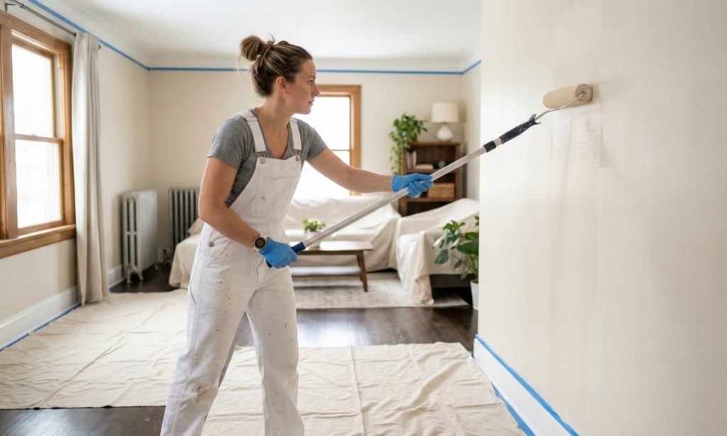 A professional painter applying a fresh coat of gray paint to a living room wall using a roller over protective drop cloths.