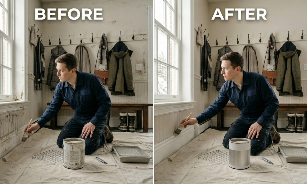Before and after interior painting of a mudroom in Barrie ON showing scuffed walls transformed with washable satin paint