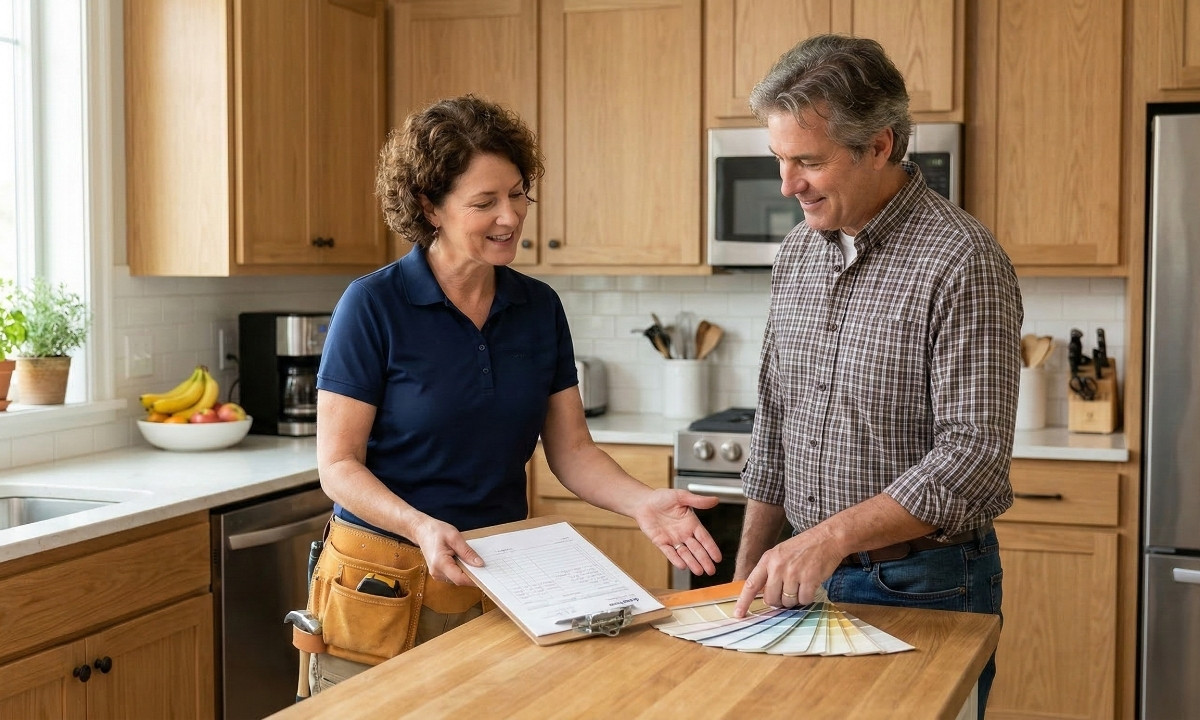 A local painting contractor explaining a detailed written cost estimate and showing paint color swatches to a homeowner.