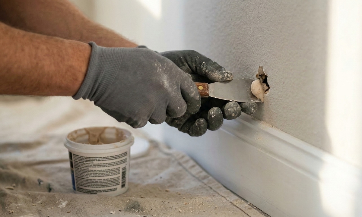Close-up of a professional painter meticulously applying blue painter's tape to wood baseboards before painting the walls.