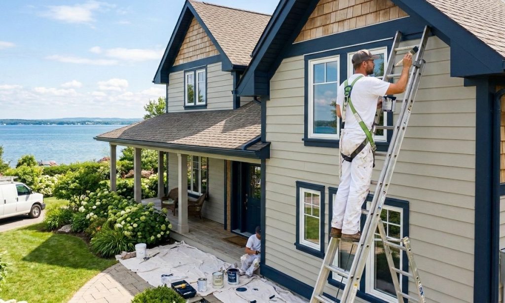 A team of professional Georgina painting contractors carefully applying premium exterior paint to a beautiful wooden-sided home near Lake Simcoe on a sunny day.