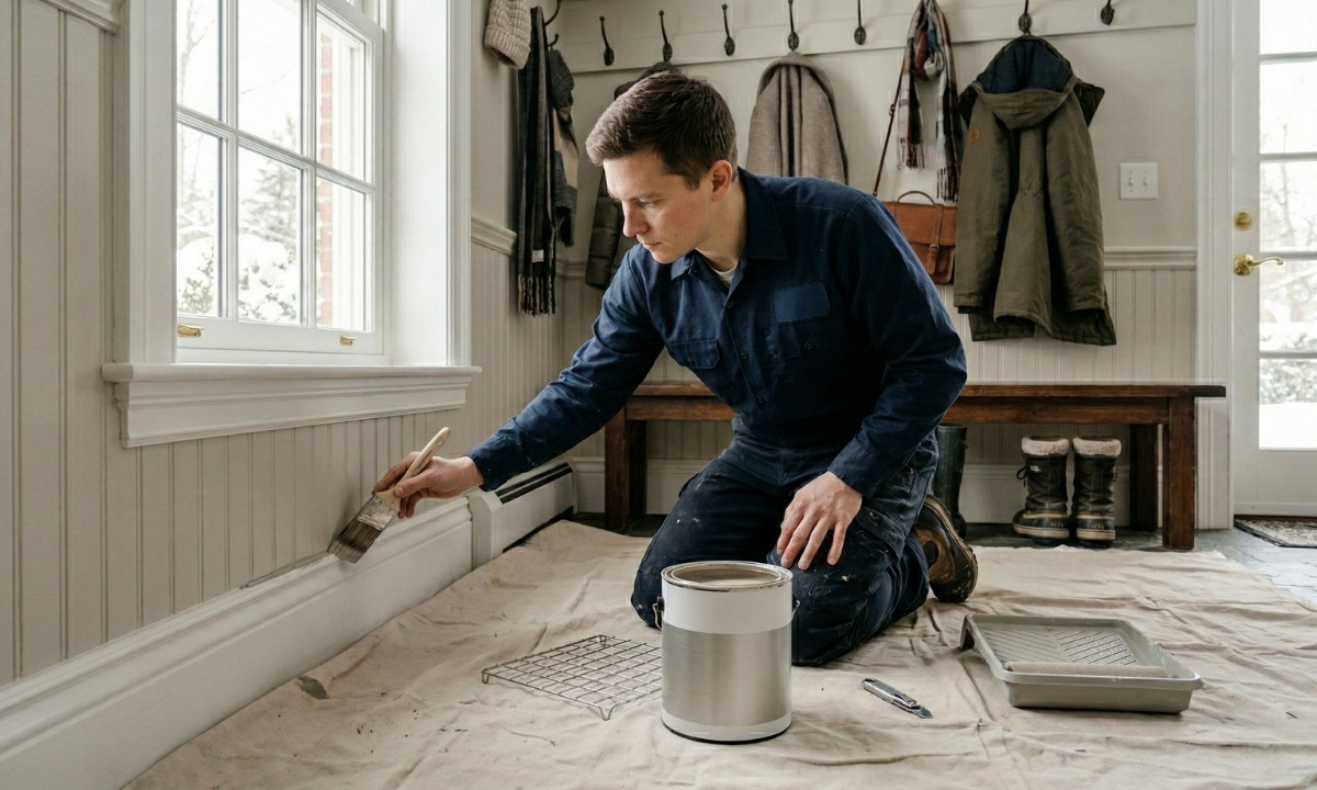 Caleb's Creations professional painter applying washable interior paint to a mudroom in Barrie Ontario