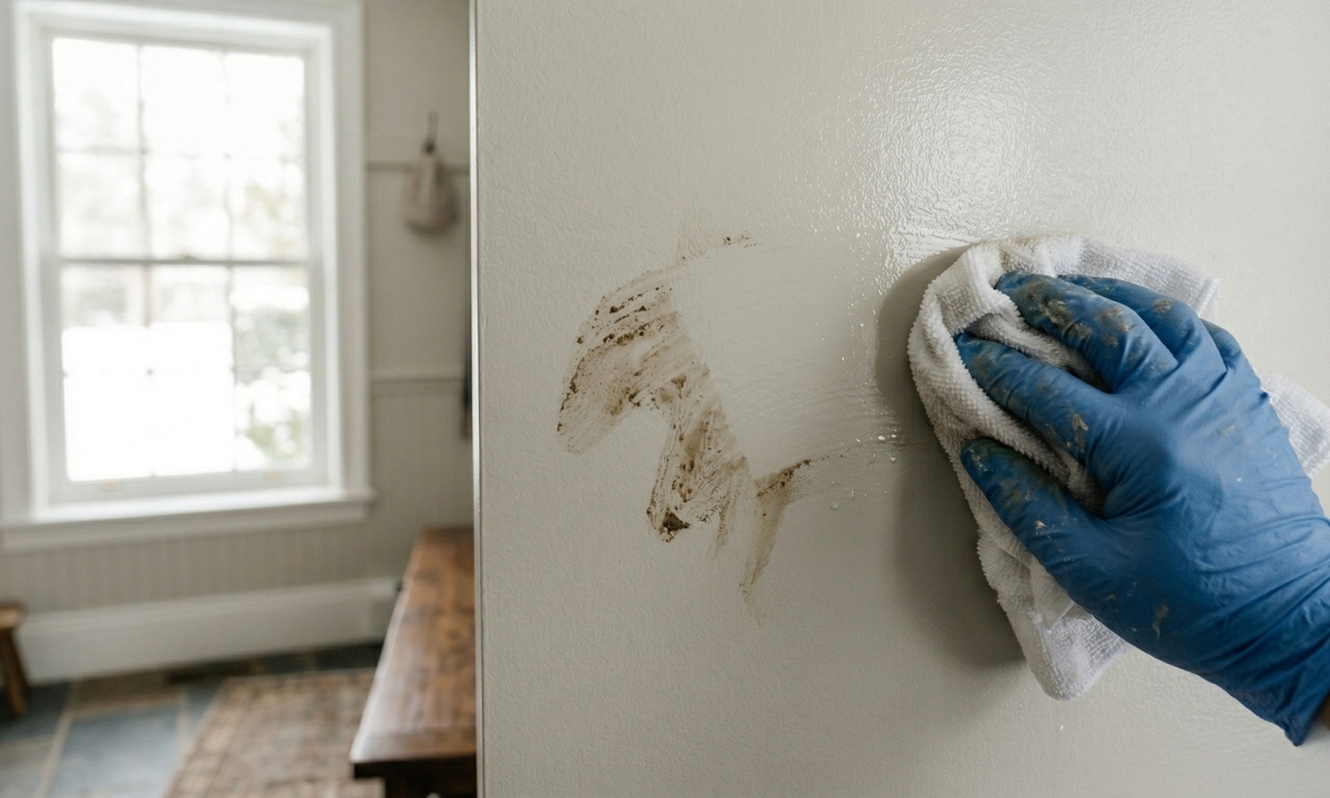 Demonstrating how washable semi-gloss paint wipes clean in a high-traffic mudroom in Simcoe County