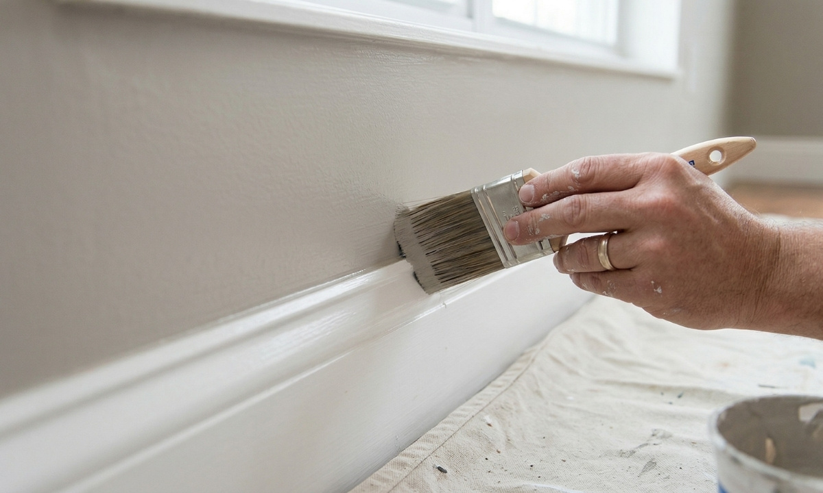 Precise trim and baseboard painting in a Barrie rental unit — detail shot showing clean cut lines by Caleb's Creations
