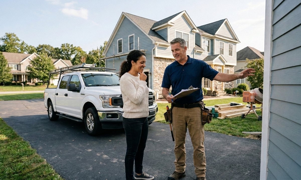A local Georgina painting contractor shaking hands and reviewing a written, insured estimate with a smiling homeowner on their porch.