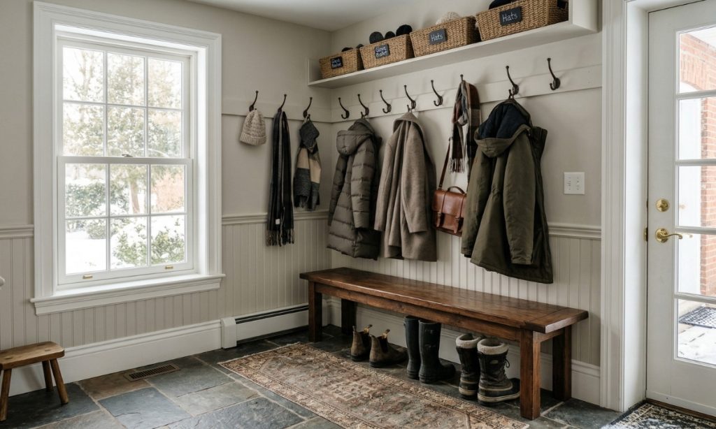 Freshly painted mudroom with satin finish walls in a Barrie Ontario home by Caleb's Creations
