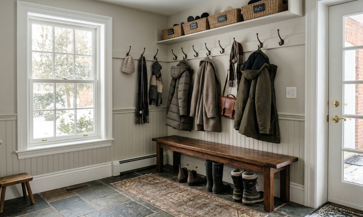 Freshly painted mudroom with satin finish walls in a Barrie Ontario home by Caleb's Creations
