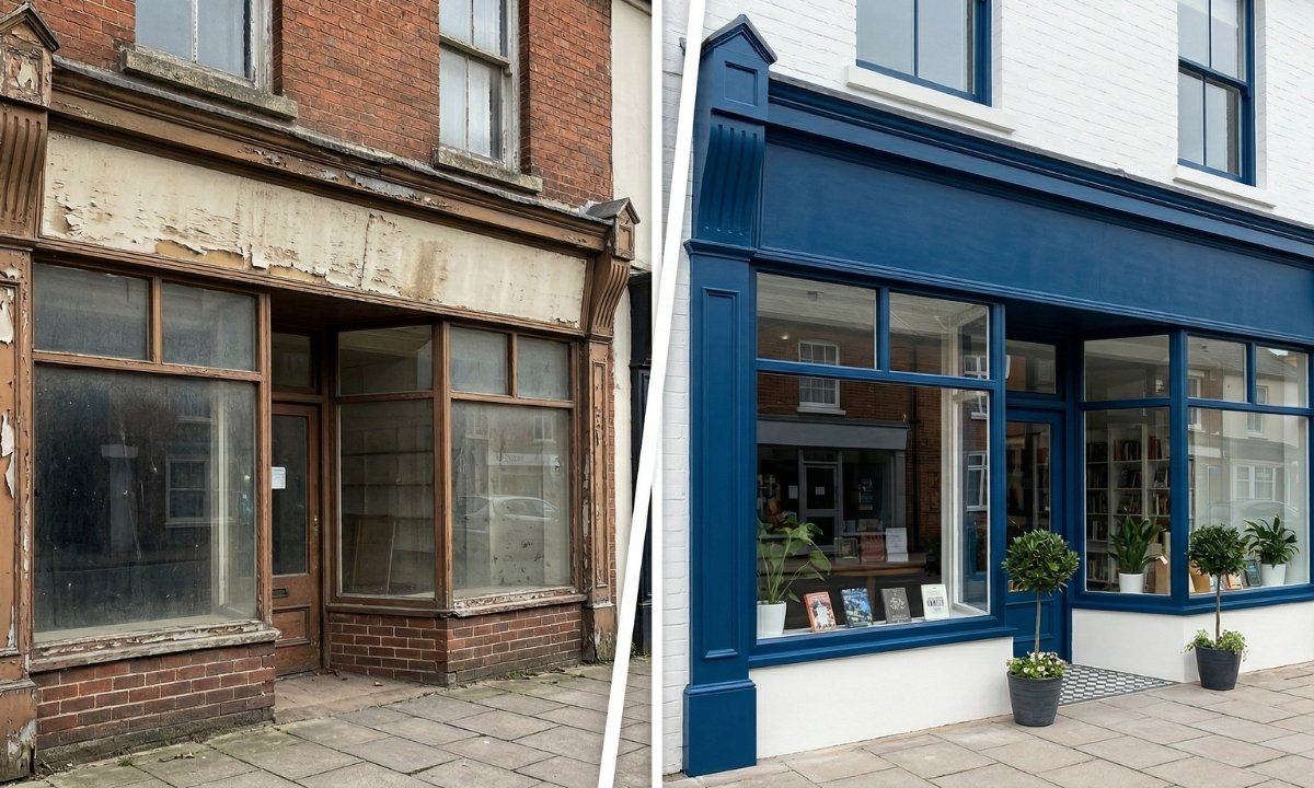 Before and after comparison of a commercial building exterior repainted by Caleb's Creations in Barrie, Ontario, showing improved curb appeal