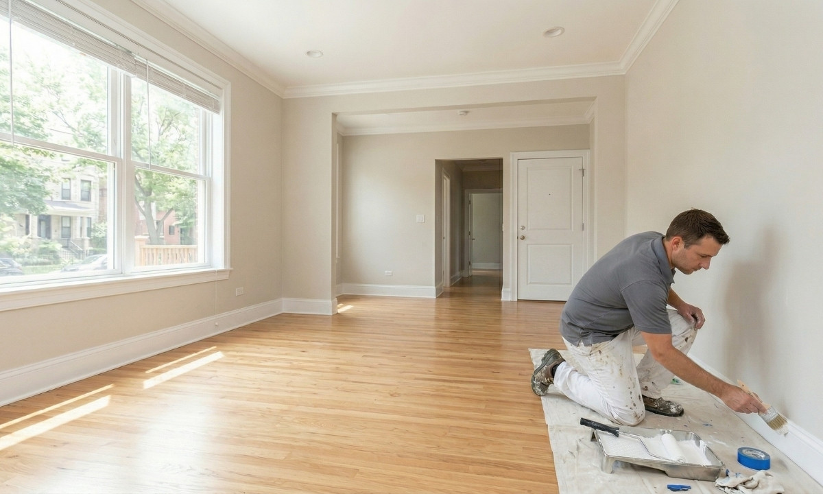 Professional interior painter inspecting freshly painted walls in a vacant Barrie rental apartment, ready for new tenants