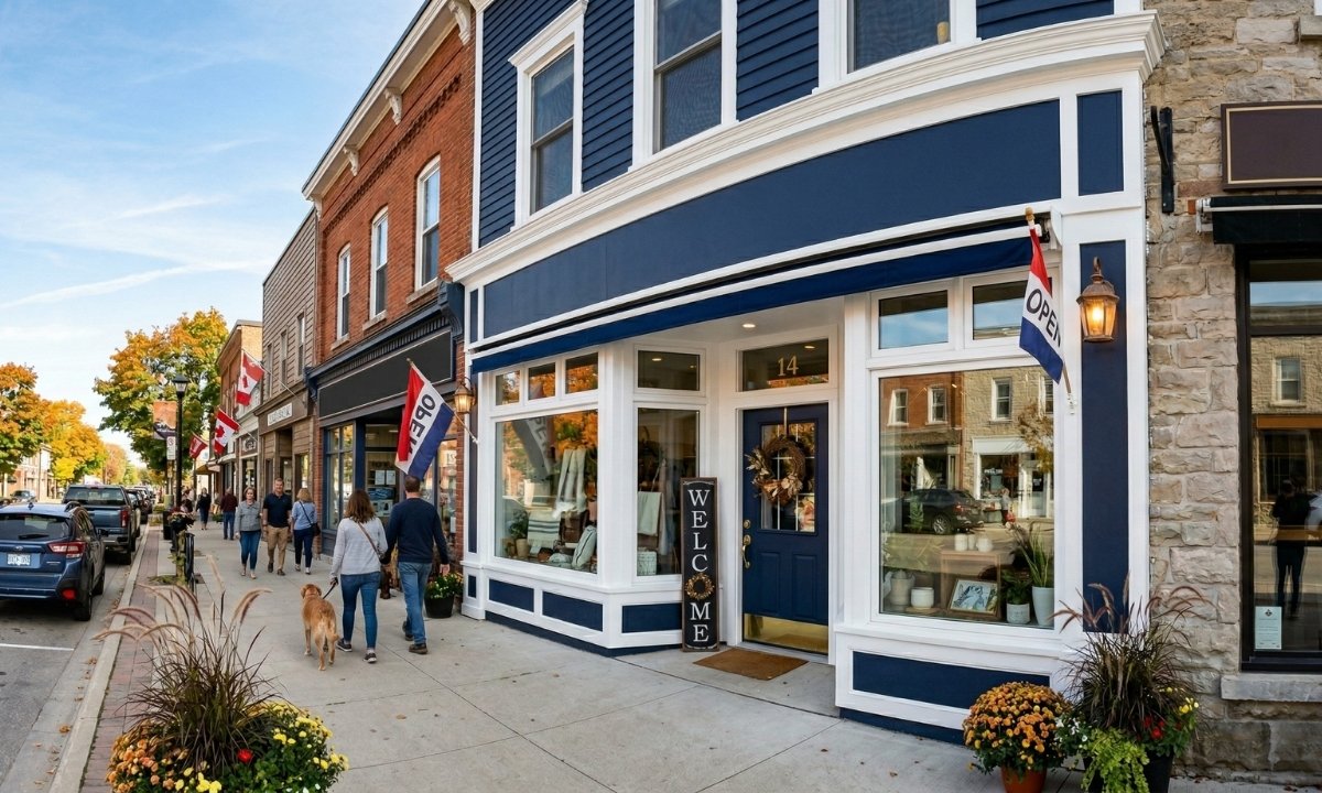 Freshly painted commercial storefront in Barrie, Ontario, showcasing bold exterior paint colours and crisp trim by Caleb's Creations