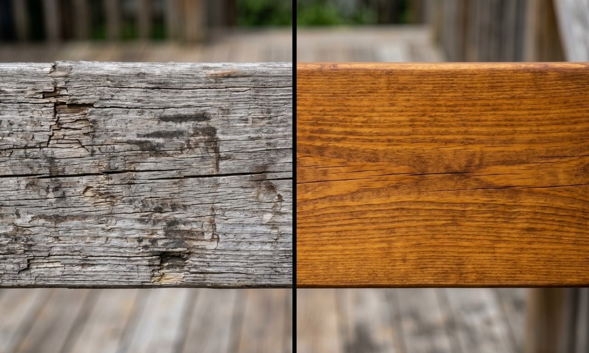 Before and after comparison of deck staining in Barrie showing weathered grey wood restored to a rich warm finish