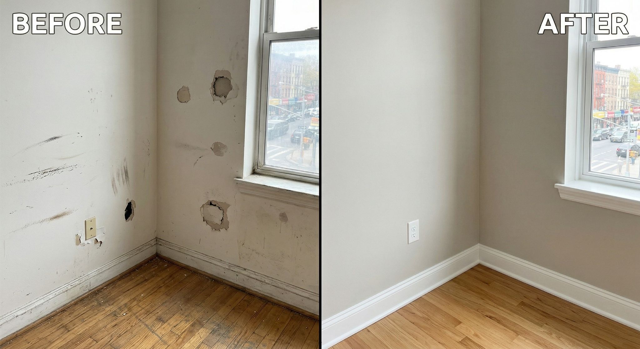 Before and after comparison of a rental unit wall in Barrie — scuffed and worn on the left, freshly painted with smooth finish on the right