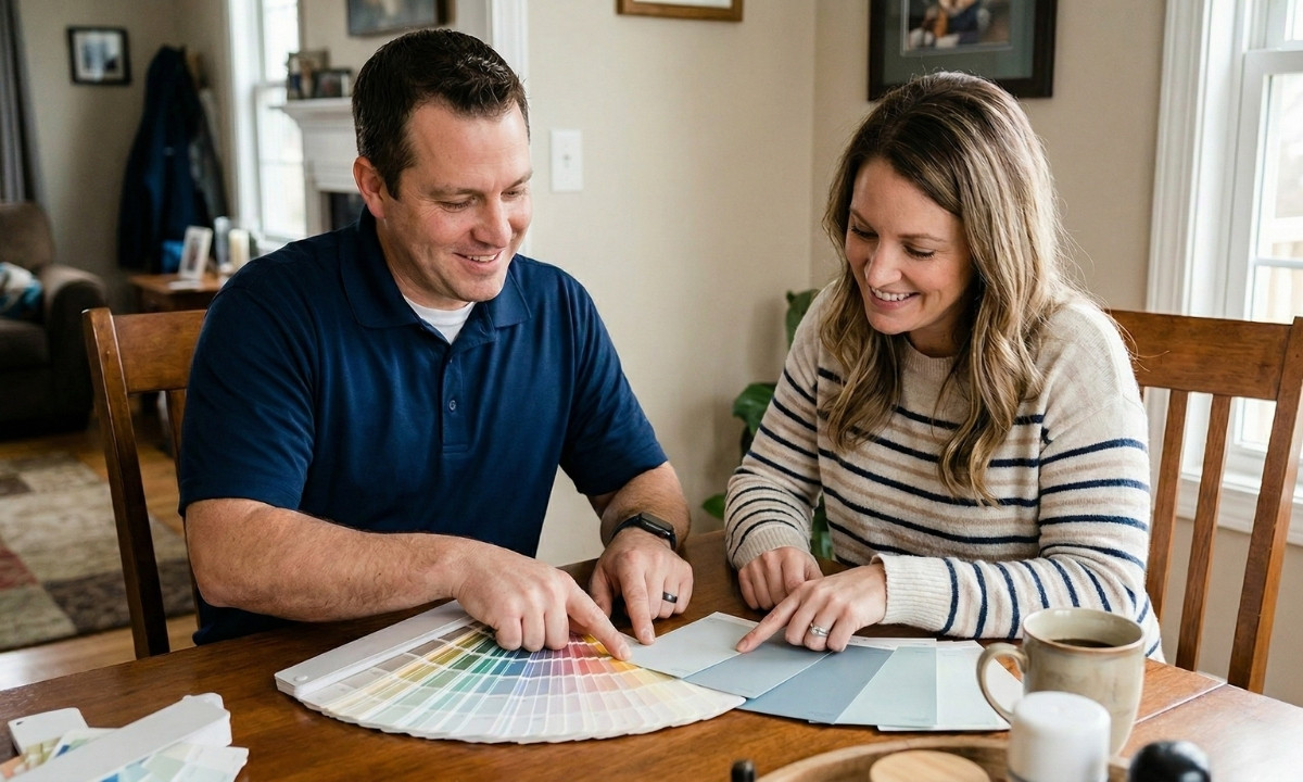 Caleb's Creations painter consulting with a Georgina homeowner on interior paint colour and finish selection