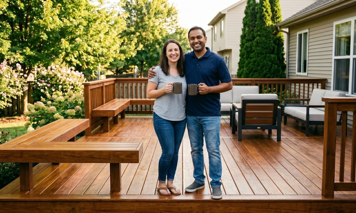 A happy homeowner enjoying a freshly stained deck in the Newmarket area, showcasing the 100% satisfaction guarantee.