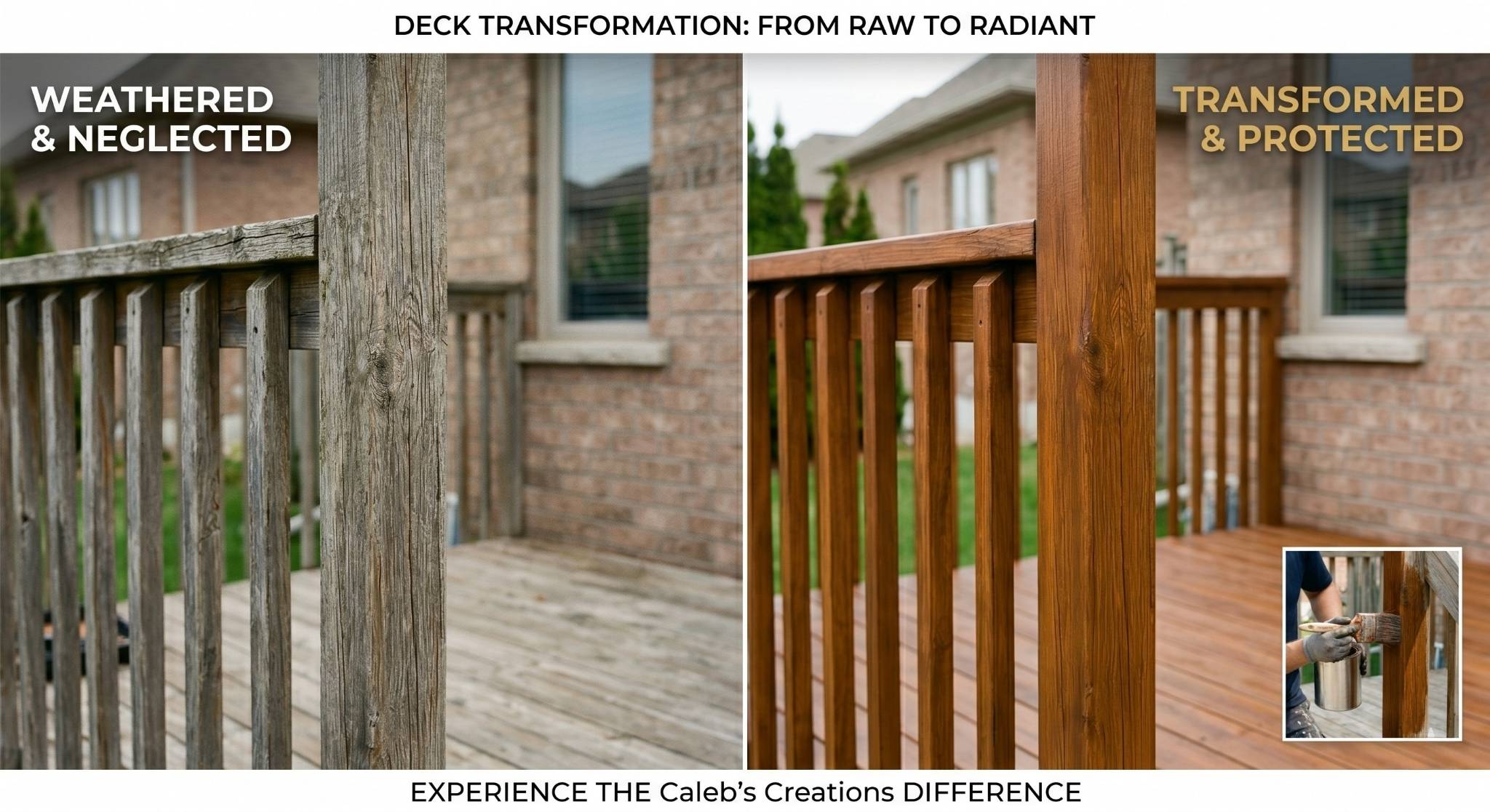 Before and after comparison of a weathered wood deck restored with professional staining services in Newmarket.