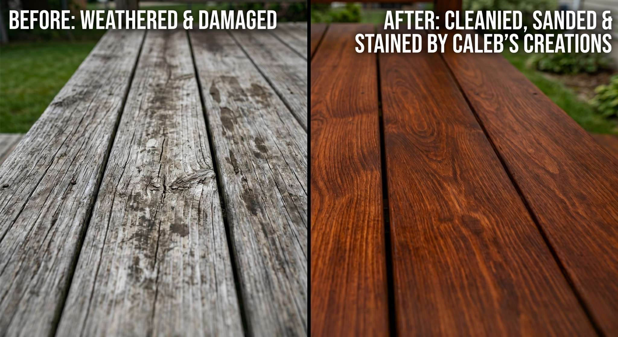 Side-by-side comparison of a weathered, grey wooden deck vs. a restored and stained deck by Caleb's Creations.