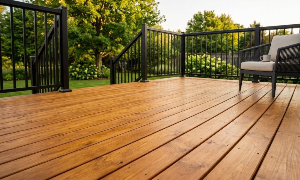 Freshly stained wooden deck with white railings in Aurora, Ontario, restored by Caleb's Creations