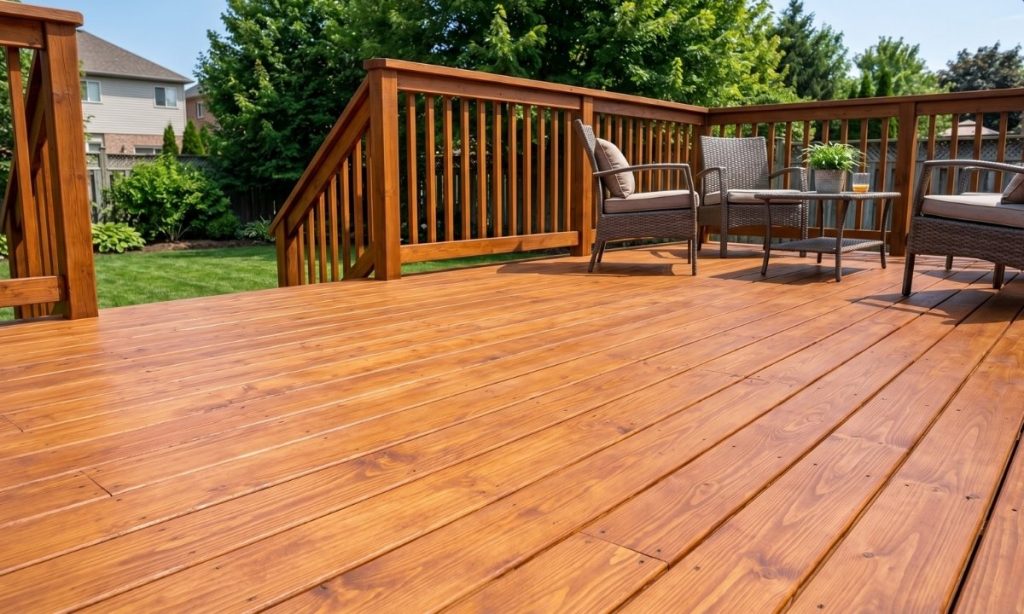 Professionally stained wood deck in Barrie, Ontario, with patio furniture and summer backyard setting by Caleb's Creations