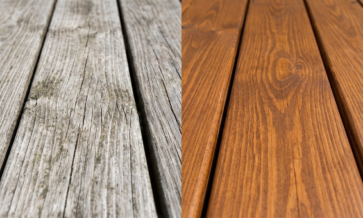 Before and after comparison of deck boards showing weathered grey wood restored with professional staining in Aurora, Ontario