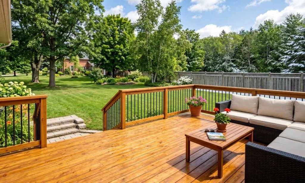 Freshly stained wooden deck in Bradford, Ontario backyard ready for summer