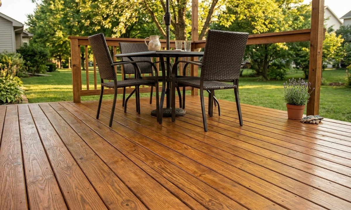 Newly stained and sealed backyard deck in Newmarket Ontario restored by Caleb's Creations residential painting services