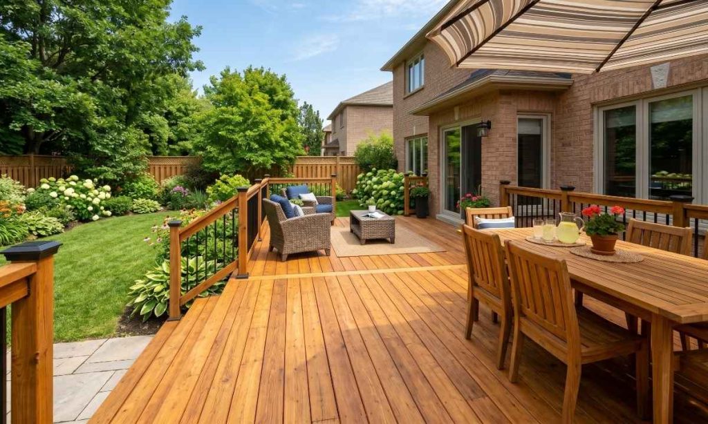 Freshly stained cedar deck in Stouffville backyard with warm wood tones and outdoor furniture