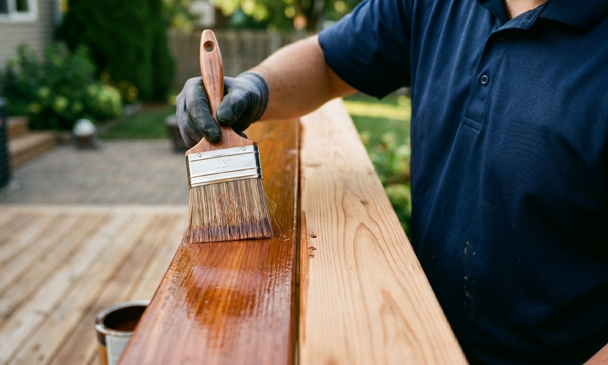 A professional stainer carefully applying premium weather-resistant wood stain to a residential deck.