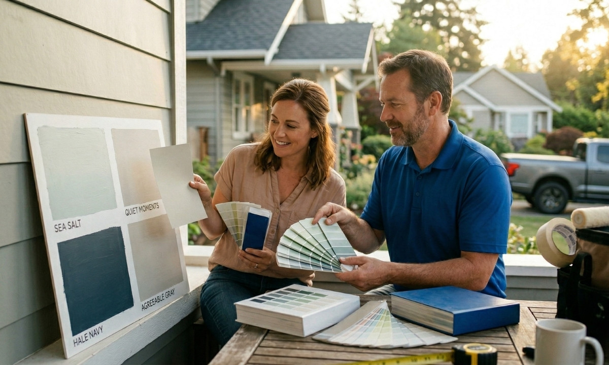 Caleb's Creations painting consultant reviewing exterior paint colour swatches with a Barrie storefront owner during a free colour consultation