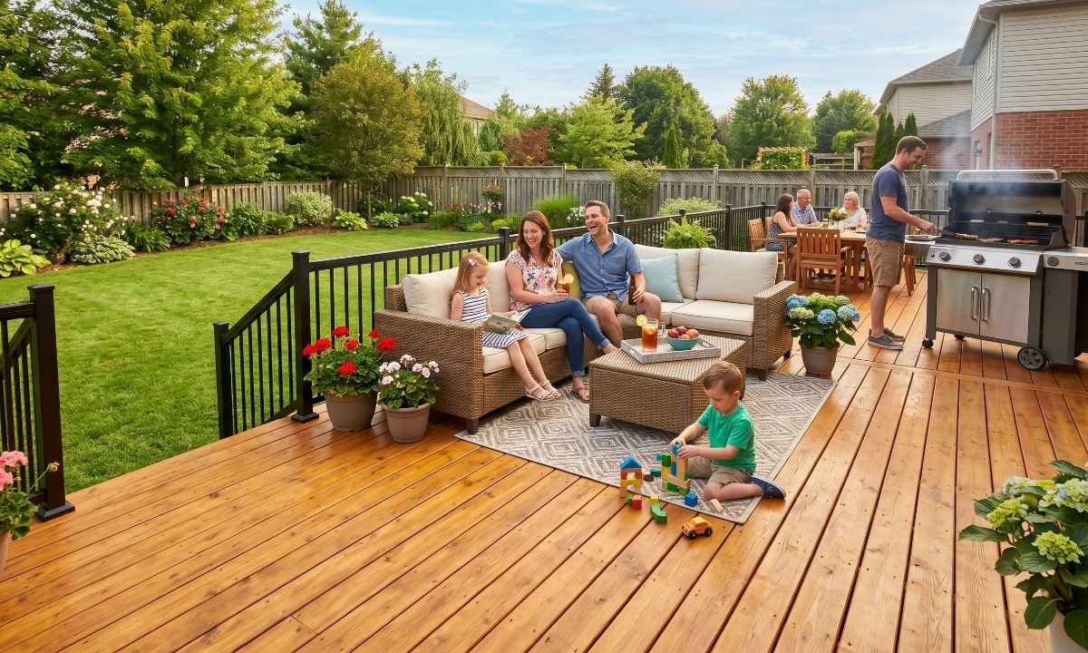 Family relaxing on a well-maintained stained deck in a Bradford Ontario backyard