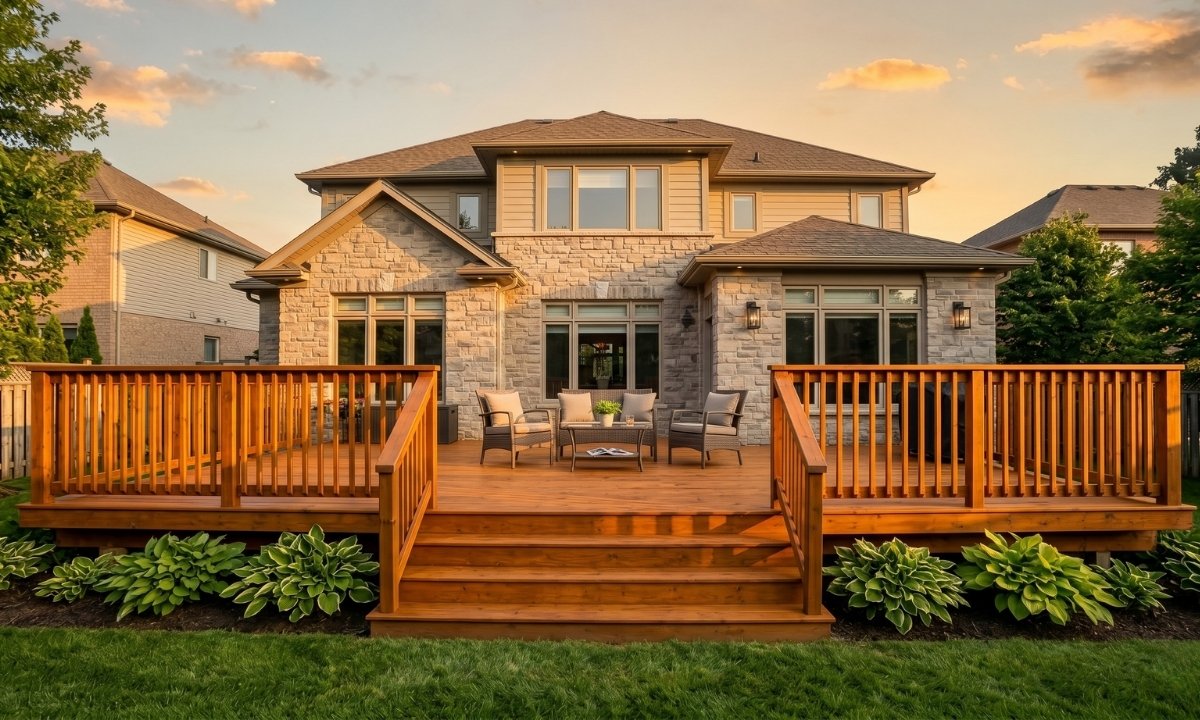 Finished deck staining project in Barrie Ontario showcasing improved curb appeal and property value by Caleb's Creations