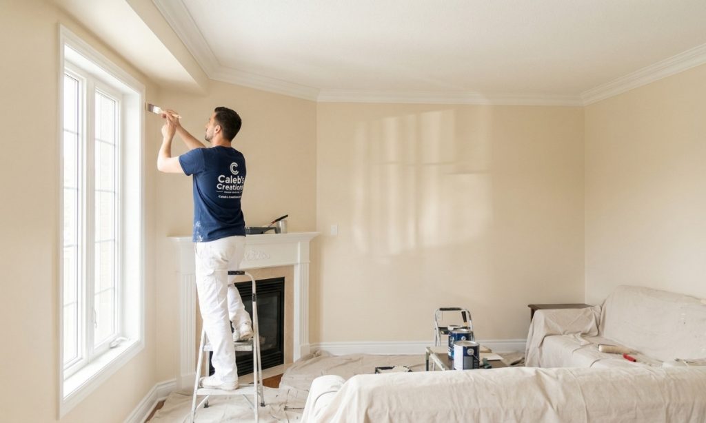 Professional interior painter applying satin finish paint in a bright Georgina, Ontario living room — Caleb's Creations