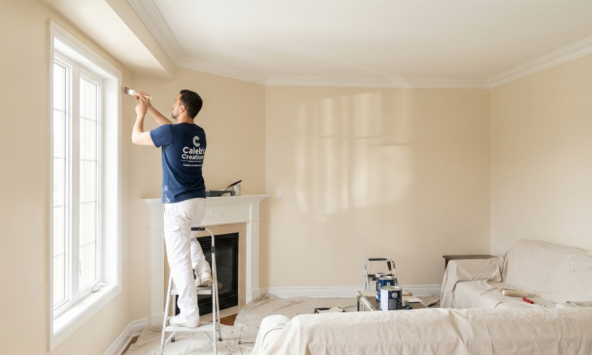 Professional interior painter applying satin finish paint in a bright Georgina, Ontario living room — Caleb's Creations