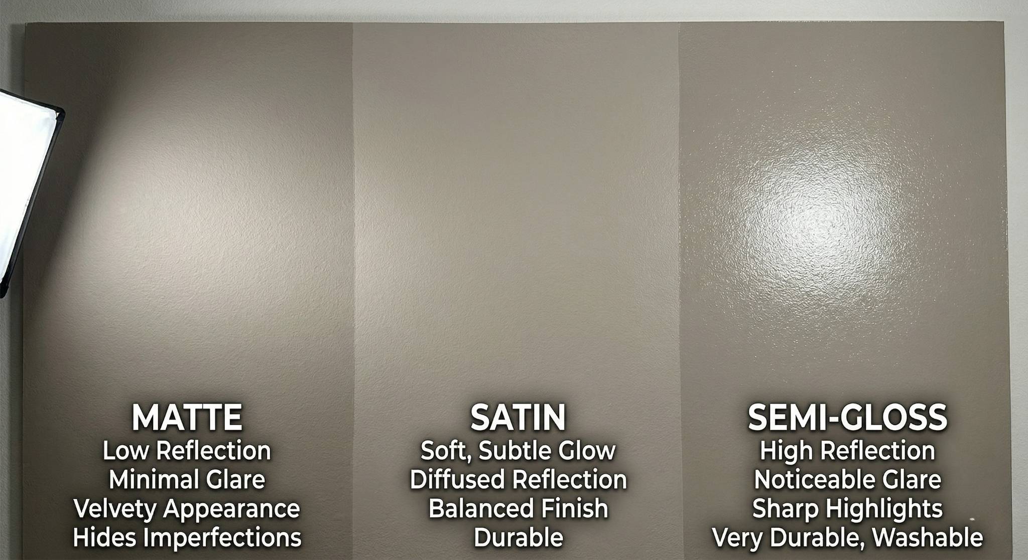 Side-by-side comparison of matte, satin, and semi-gloss paint finishes on a wall showing differences in sheen and light reflection
