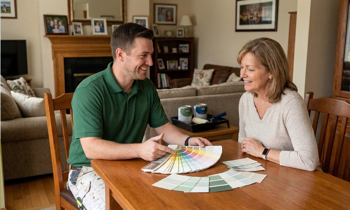 Caleb's Creations painter reviewing paint colour swatches with a Newmarket homeowner during a free in-home consultation