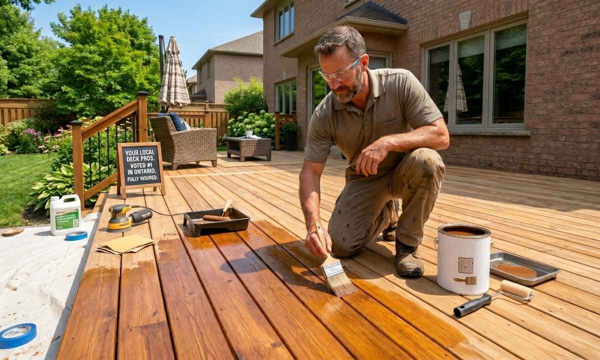 Professional deck staining contractor applying wood stain to a backyard deck in Stouffville, Ontario