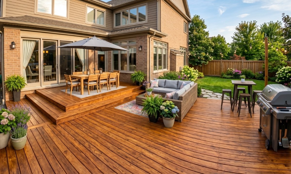 A professionally stained wooden deck in a Newmarket backyard featuring a rich cedar finish and clean outdoor furniture.