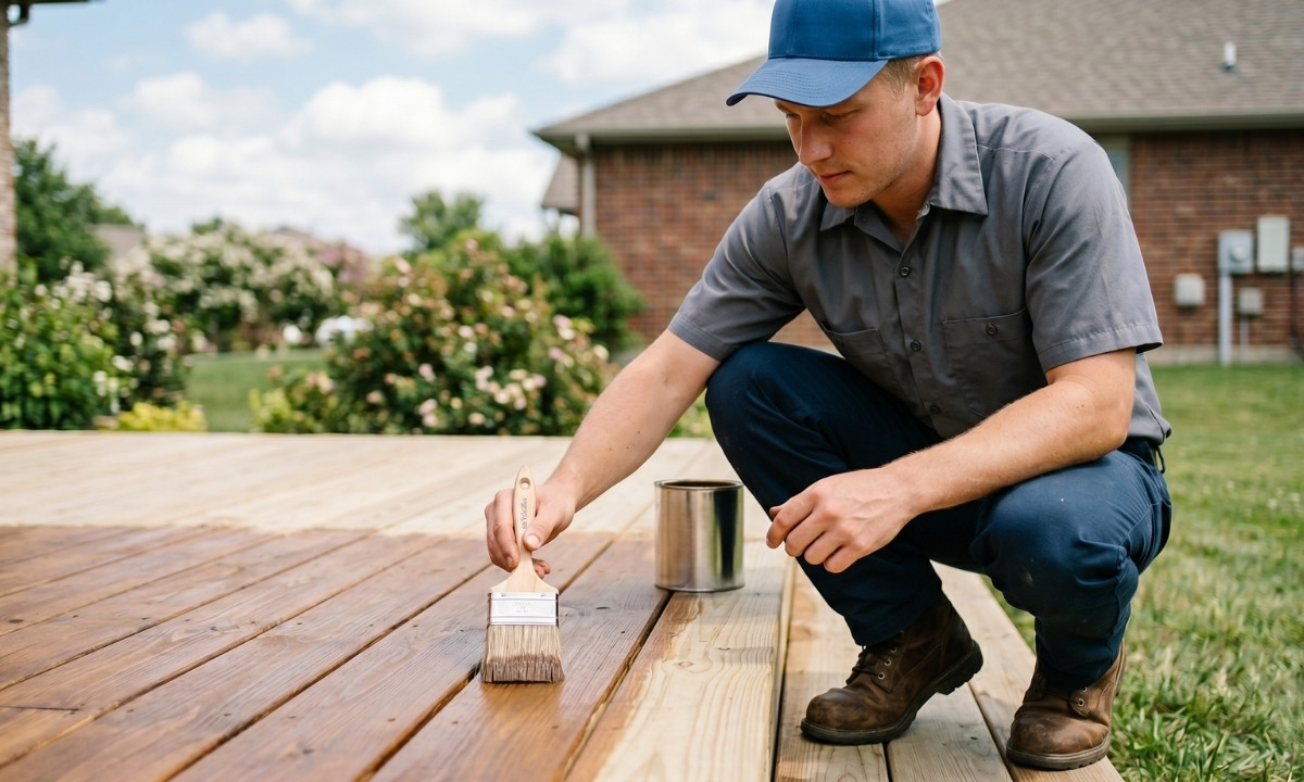 Professional painter applying wood stain to a residential deck in Aurora, Ontario as part of Caleb's Creations deck restoration service