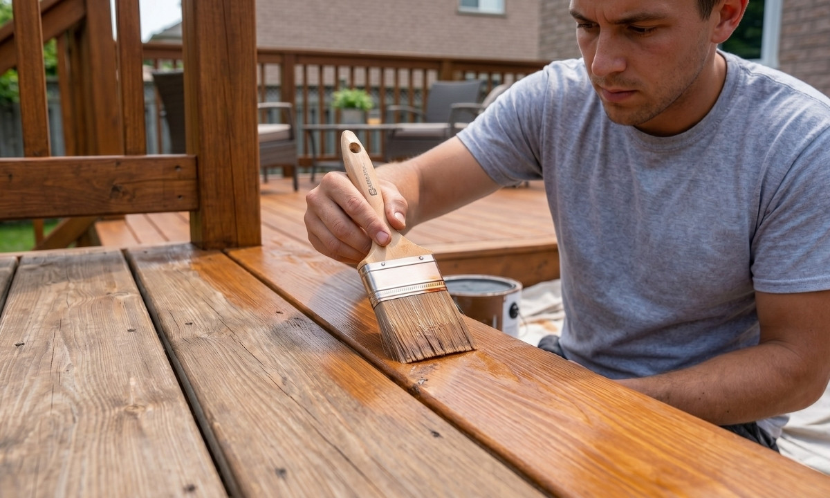 Caleb's Creations professional applying premium wood stain to a deck in Barrie, Ontario