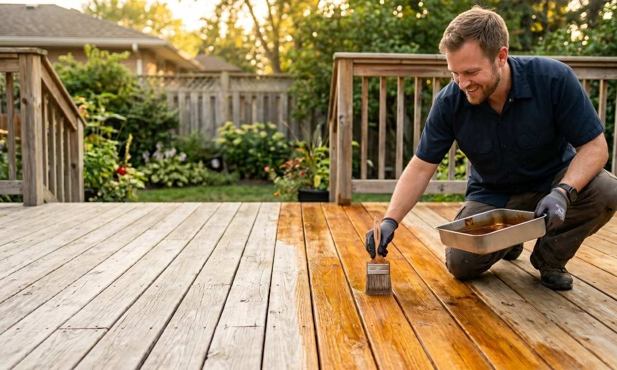 Professional applying wood stain to a deck in Bradford, Ontario to protect against UV and moisture damage