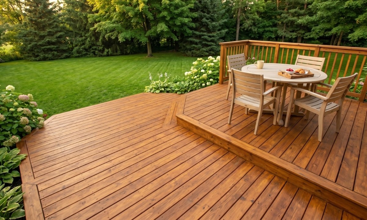 A professionally stained wooden deck in a Simcoe County backyard featuring a rich protective finish by Caleb's Creations.