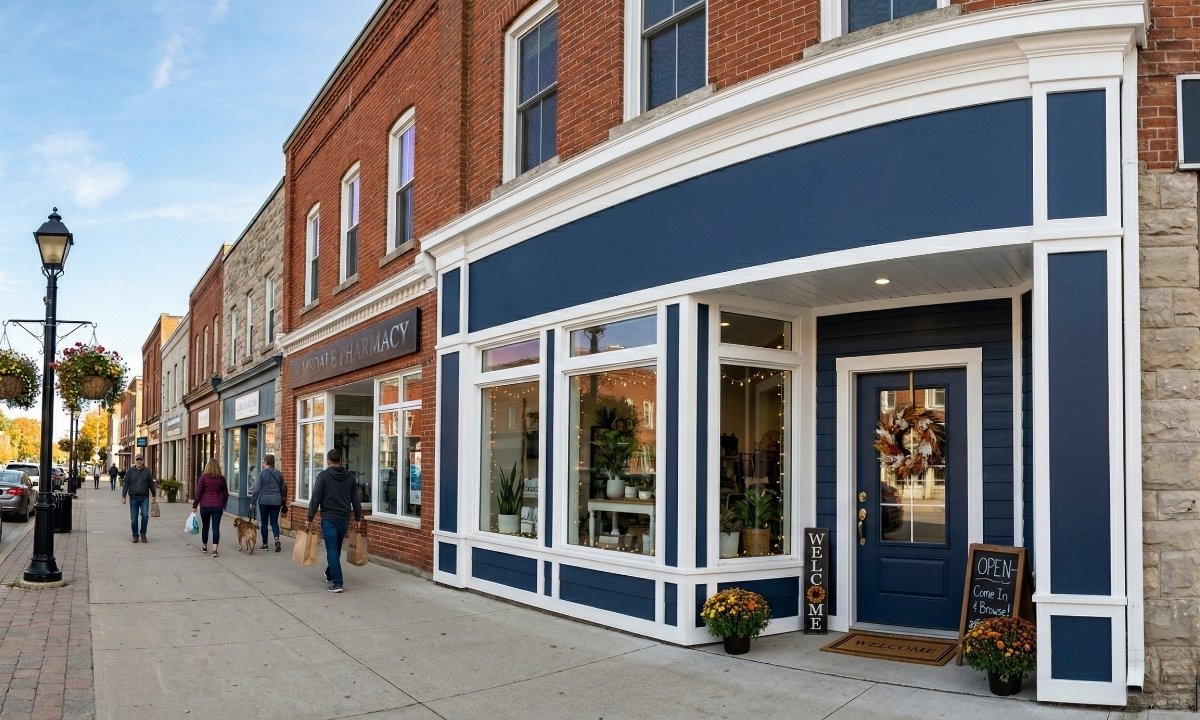 Professional exterior painter from Caleb's Creations applying precise trim paint around a storefront window in Barrie, Ontario