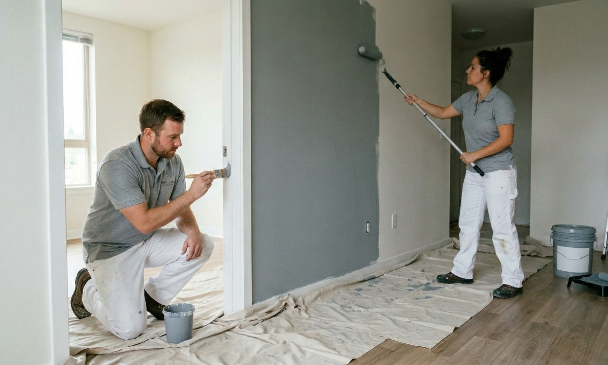 Two-person professional painting crew applying interior paint in a vacant rental unit in Barrie, Ontario