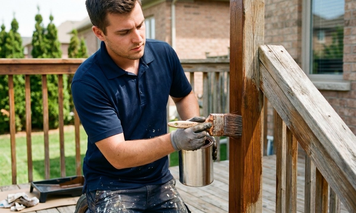 A Caleb’s Creations expert applying premium wood stain to a residential deck in Keswick, Ontario.