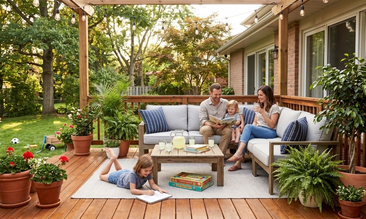Beautifully stained backyard deck with outdoor furniture in Aurora, Ontario, showcasing a completed deck restoration by Caleb's Creations