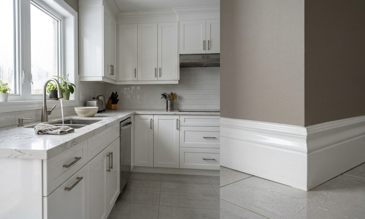 Freshly painted kitchen with semi-gloss finish on trim and cabinets, showcasing moisture-resistant and easy-to-clean paint in a Georgina home