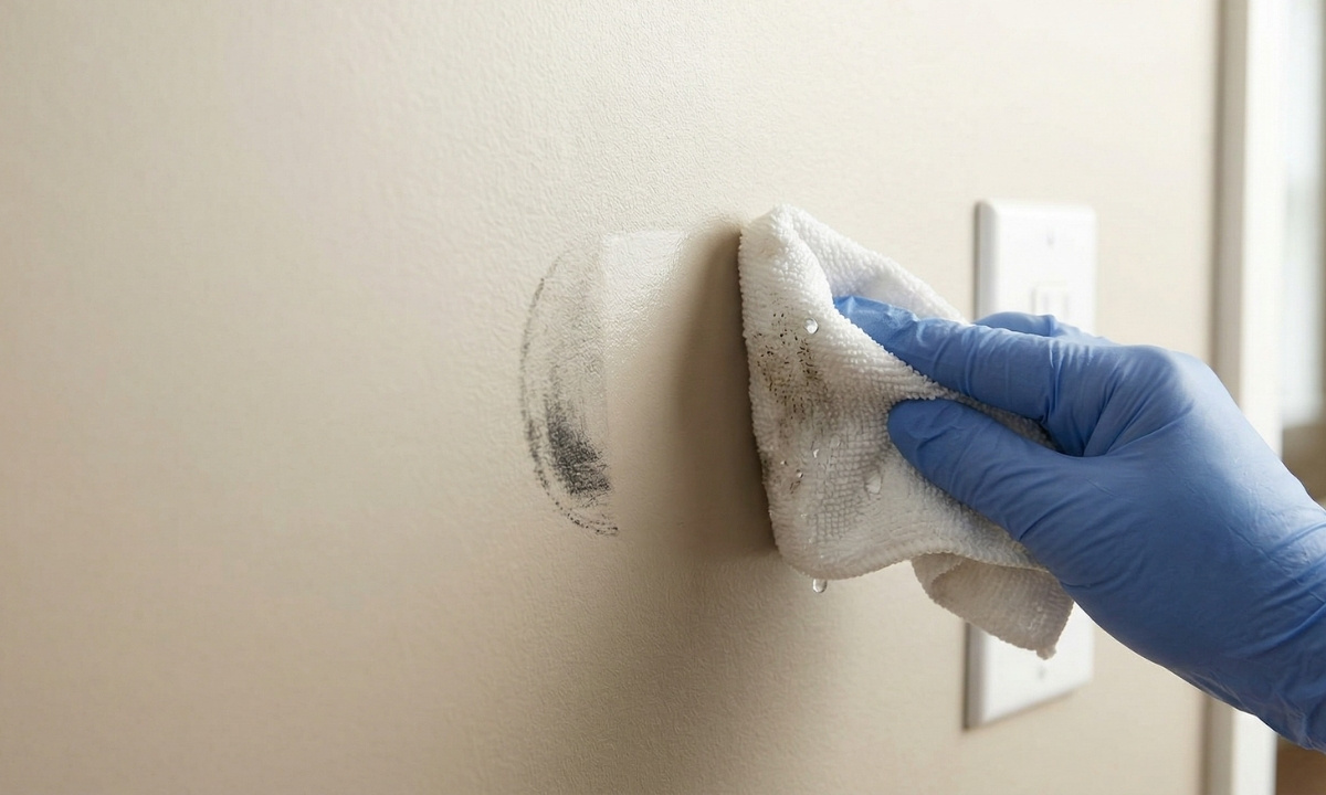 Landlord easily wiping a scuff mark off a washable satin-finish wall in a Simcoe County rental property